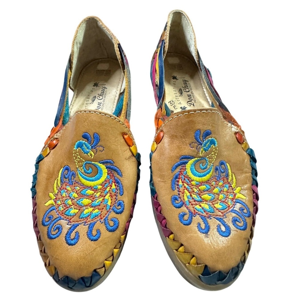 Don Chuy Artesanias Mexican Huarache Flats Size 9.5 Peacock Embroidered Leather